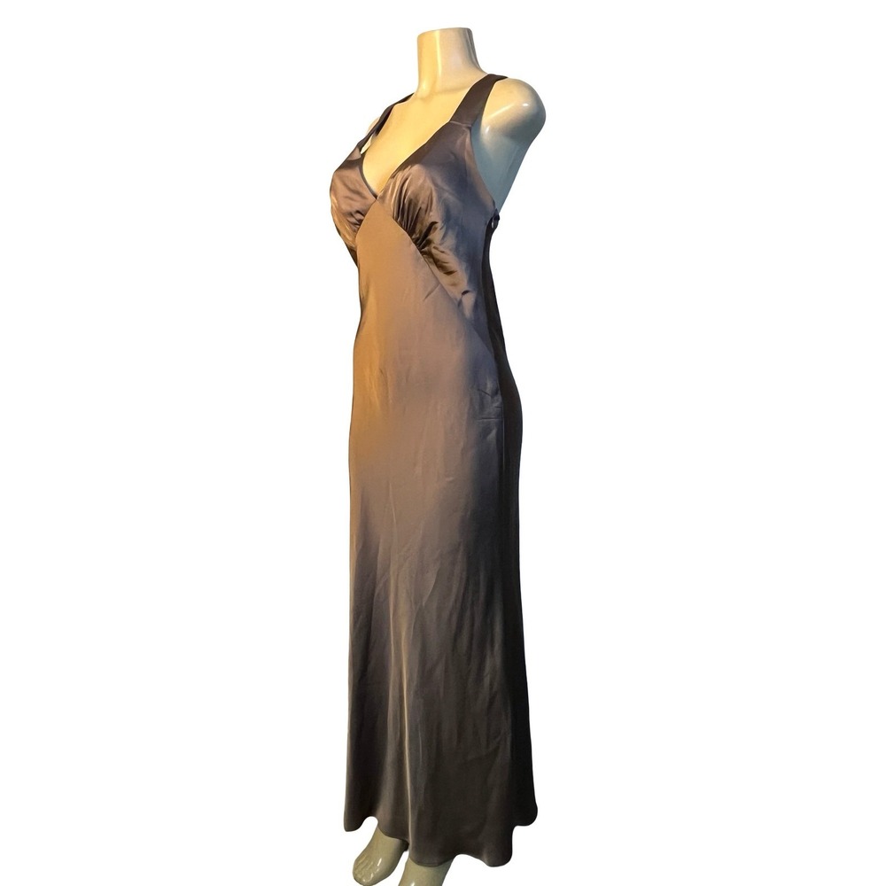 Birdy Grey Women S Taupe Brown Satin V-Neck Pleated Criss-Cross Back Maxi Dress